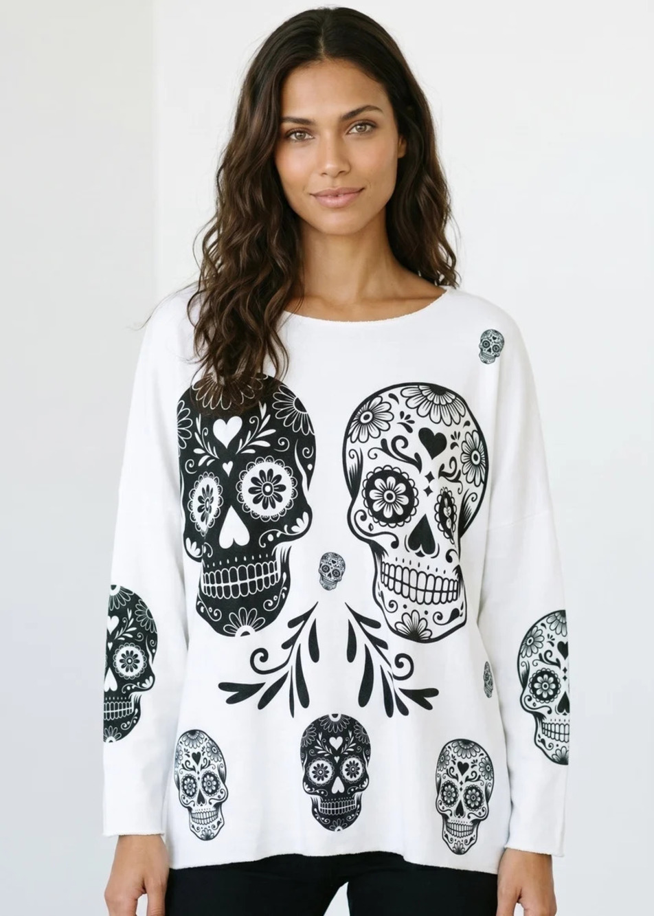 L499 | Loowie Halloween Sugar Skulls Printed Cosy Sweater | One Size S-L